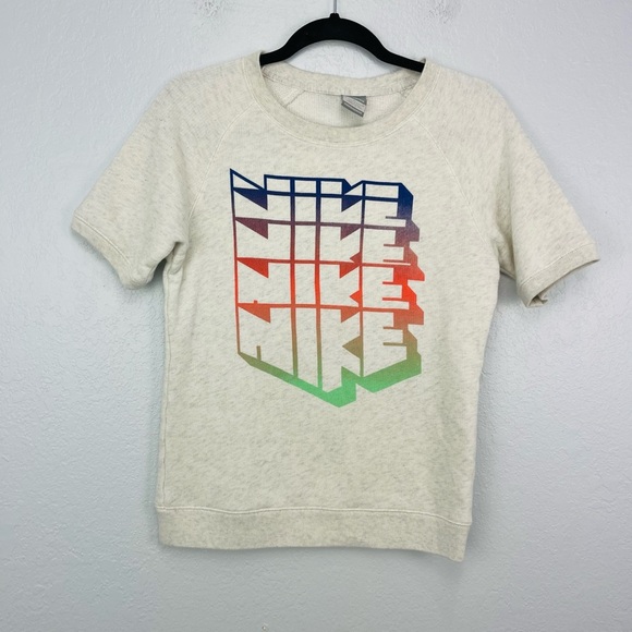 Nike Y2K Cream Colorful Nike Logo Short Sleeve Sweater Top - Picture 2 of 6